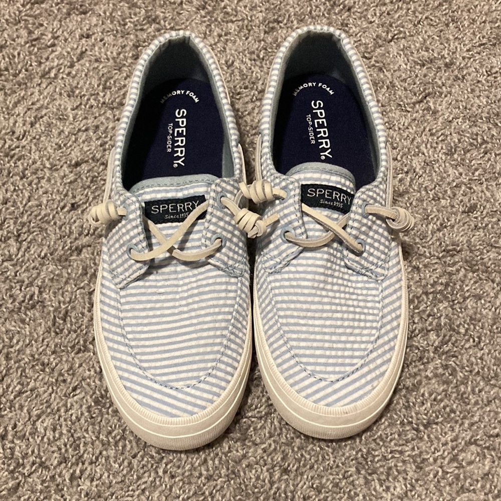 Sperry Top-Sider Seersucker Blue and White Striped Boat Shoes